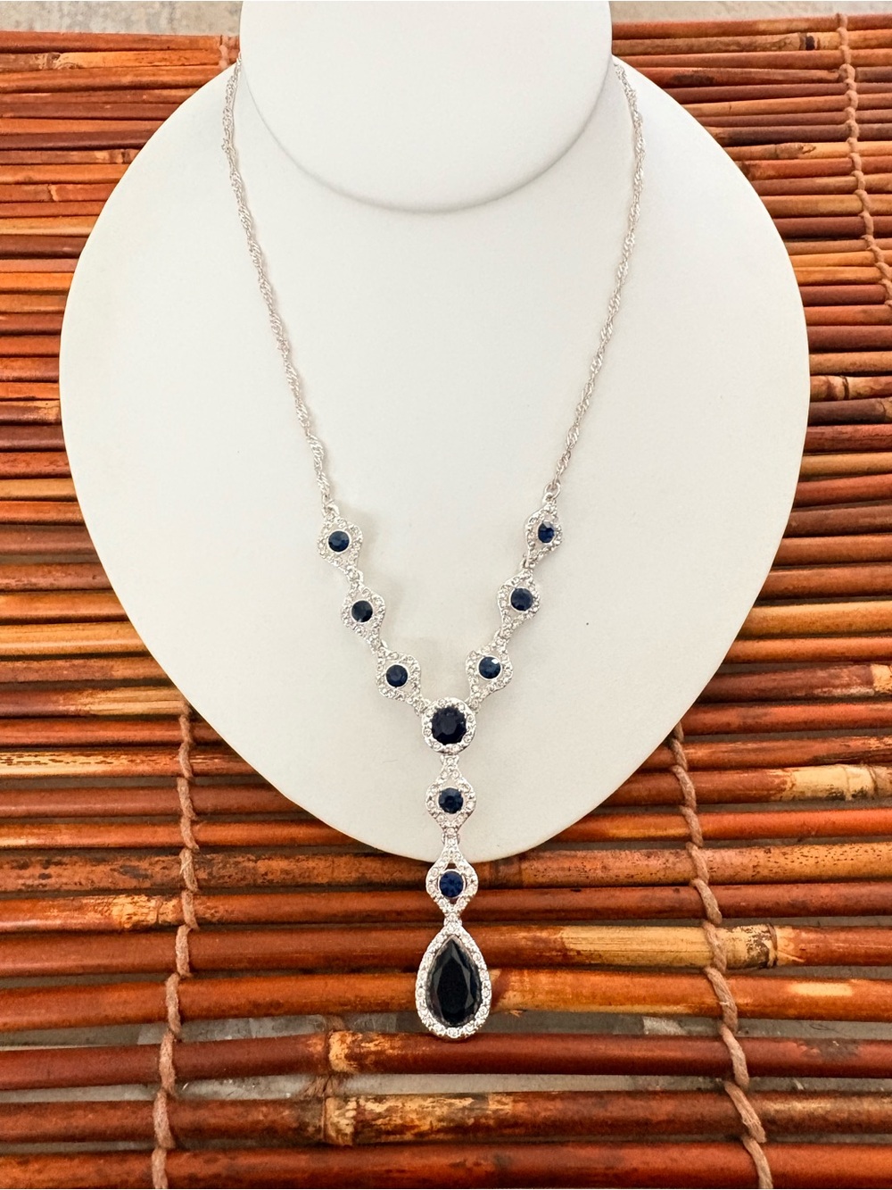 Silver Tone Necklace with Deep Blue Teardrop Pendant 16.5”-19”